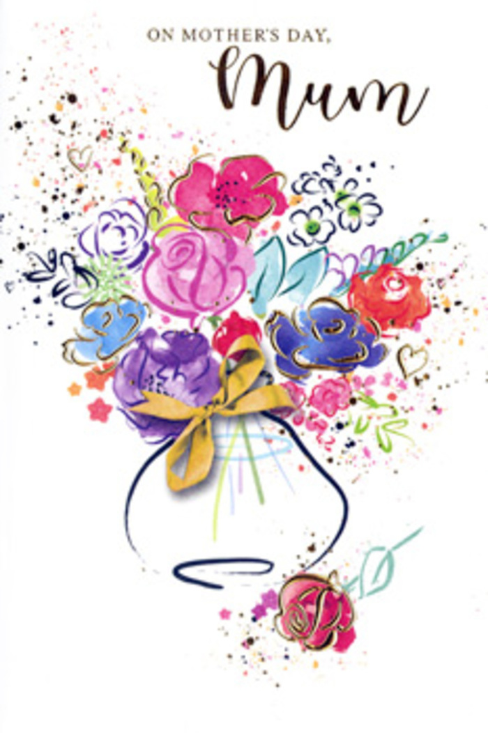 The card presents an exuberant, watercolour bouquet that seems to have been caught mid-bloom, much like a spontaneous sketch by an experienced florist in Dagenham pausing between deliveries. Broad, expressive strokes lay down hot pink and cerise blossoms, their petals framed with confident indigo outlines that lend drama and depth. Interwoven with these are softer touches of apricot and lilac, along with hints of cool blue, suggesting a mix of spring flowers chosen for their harmony rather than strict realism. Delicate chartreuse undertones peek through as leafy accents, while tiny, shimmering golden details trace edges and veins, adding a gentle sparkle that recalls late-afternoon light across the greens of Mayesbrook Park. The bouquet rises from a whimsical vase rendered in pale washes, its rounded form tied with a slim golden bow that speaks of tradition, care, and the quiet ritual of gifting flowers each Mother's Day. Around the arrangement, free splashes of pigment and airy heart motifs drift across the white background, like scattered confetti or petals lifted by a passing breeze along Wood Lane. These details frame the central flowers without overwhelming them, allowing each shade and shape to breathe. The mood is both joyful and reflective, expressing gratitude, admiration, and the layered emotions that come with honouring a mother. This card feels like a keepsake bouquet that will never wilt, echoing the kind of thoughtful, meaning-filled designs that local Dagenham florists create when helping families send love across the area.
