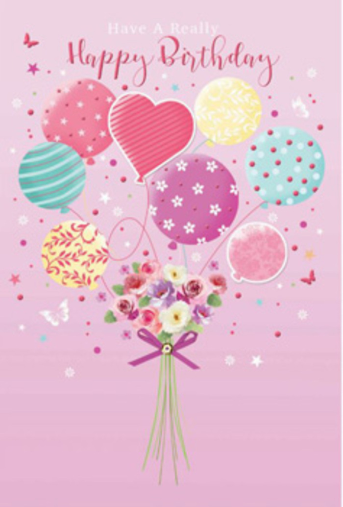This enchanting birthday card illustration captures the feeling of a bright, happy celebration somewhere between Dagenham East and the calm greenery of Beam Parklands. The background is a soft, petal-pink wash, setting a dreamy stage for a weightless bouquet that appears to float just above the page. At the top, pastel balloons gather in a loose cluster, their rounded forms overlapping in layers of pale sunshine yellow, rosy fuchsia, and soothing lavender. Each balloon is decorated with lively designs-twisting ribbons, scattered dots, and gentle floral shapes-that echo the playful decorations you might see at a family party in a Dagenham garden. The light seems to fall from the upper left, catching on the balloons' glossy surfaces and giving them a subtle, reflective glow. Below this airy canopy, a small but carefully arranged bouquet of birthday flowers anchors the composition. The blooms include tiny rose-like buds and daisy-inspired blossoms, their petals shaded delicately from cream at the centre to soft rose at the edges, as if they've just opened in the early morning light of a local Dagenham florist's window. Their textures suggest velvety softness and fresh spring fragrance, gently sweet and comforting. Stems are drawn together with a shimmering purple bow, its loops and tails curling gracefully, hinting at the skill of an attentive hand. Around the main design, a sprinkle of dainty stars and butterfly silhouettes brings movement and whimsy, like confetti drifting after the candles have been blown out. The overall effect is one of gentle jubilation-a tender, artful birthday greeting that feels personal, thoughtful, and full of quiet joy.