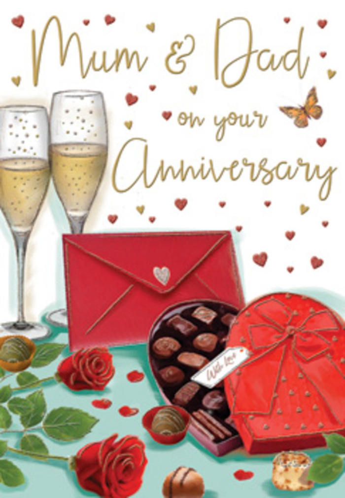 The artwork on this anniversary card portrays a romantic celebration scene that feels instantly familiar to anyone who has helped mark a special milestone for parents in Dagenham. Centered on a softly lit tabletop, two slender champagne glasses stand almost touching, each filled with golden sparkling wine, the bubbles suspended mid-rise as if time has paused just before a heartfelt toast. In front of the glasses is a classic heart-shaped chocolate box in a deep, romantic red, its lid opened to display neatly arranged chocolates that catch the light with a gentle shine, suggesting rich fillings and shared moments of indulgence. An opulent red bow sits proudly on the lid, its satin loops and trailing ends adding movement and luxury to the composition. To one side, two perfectly formed red roses lie against the surface, their petals lush, layered, and velvety, with fresh green foliage framing them much like a hand-tied stem arrangement prepared by a local Dagenham florist for same-day delivery along Oxlow Lane or near Mayesbrook Park. A bright scarlet envelope, its flap sealed and turned just enough to show its crisp fold, hints at an intimate handwritten message inside, perhaps from children or grandchildren sending love from different corners of town. Floating across the background are glimmers of gold and soft crimson hearts, interwoven with the words Mum & Dad in friendly, flowing script, giving the whole image a tender, family-centred feel. The scene suggests the soft murmur of conversation, the scent of fresh roses, the taste of good chocolate, and the quiet contentment of parents who know their journey together is honoured and appreciated.