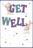 The scene unfolding on this get well card is a luminous testament to comfort and encouragement-two delightful companions, a teddy bear with cuddly fur and a floppy-eared pup full of animated warmth, lift and balance bold, colourful letters declaring 'Get Well.' Hues of indigo and teal in the script stand energetic against the soft cream canvas, creating a visual lift reminiscent of early morning light over the gardens of Dagenham. Sprinkled with glimmering blue and purple stars, the design offers a hopeful, playful atmosphere-mirroring the way a bouquet from a trusted Dagenham florist might brighten a bedside by Parsloes Park. The illustrated textures evoke the sensation of gentle embraces-each brushstroke suggesting the kind of soft, soothing care that brings ease and reassurance to those on the mend. Ultimately, the card's design serves as an emotional balm, perfect for sending heartfelt wishes to neighbours or friends across Dagenham, where kindness and support feel as tangible as freshly arranged flowers delivered with thoughtfulness and joy.