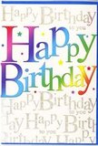 This birthday card presents itself like a splash of celebration laid out on a counter in central Dagenham, ready to be slipped into a bright envelope and hand-delivered to someone special. Across the front, the words Happy Birthday are written in large, confident letters that almost seem to dance, each one taking on its own dazzling colour-from bold crimson and warm coral through citrusy yellow and fresh lime to aqua, sapphire, and amethyst. The colours glide seamlessly into one another, creating soft gradients that mimic festoon lights glowing at dusk over a party near Old Dagenham Park. Around the main phrase, the card is sprinkled with delicate decorative details-tiny dots, miniature stars, and playful flecks in coordinating tones-giving the impression of confetti hanging weightless in the air just before it settles. The background is not empty; instead, it is filled with an elegant, looping gold script that repeats Happy Birthday to you in a continuous pattern. This metallic writing shimmers gently when the card tilts, similar to the way evening light catches on ribbons and wrapping paper spread out on a birthday table. From a distance, the golden lettering reads as a soft, warm haze, while up close you can follow each swooping curve of the calligraphy, adding a sense of rhythm and musicality to the design. The surface appears smooth, with the metallic elements likely offering a subtle raised texture under the fingertips. Overall, the card balances joyful colour with refined detail, a design that feels just right for making a birthday in Dagenham feel festive, personal, and truly memorable.