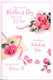 The image portrays a romantic Mother's Day card whose design has the atmosphere of a freshly arranged bouquet, as if it has just arrived with a flower delivery to a doorstep in Dagenham. Across a gently toned, almost creamy white background, clusters of pink roses spread out in a loose, airy composition. The blooms vary in depth of colour, from whisper-soft blush to a more confident, medium pink, each rose composed of many layered petals that curve inward and outward in natural, organic spirals. Some petals appear slightly translucent at the edges, catching the light and giving the impression of real, velvety texture. Around the central bouquets, several individual petals lie as though they have drifted down, creating a soft halo of pink that adds to the card's poetic mood. A pale ribbon weaves around the most prominent cluster of roses, its gentle twists and folds suggesting the careful touch of a florist tying the last knot on a gift bouquet at Dagenham Florist. The message is written in elegant, swirling calligraphy, its lines smooth and sweeping, echoing the curves of the petals and ribbon. The words express warm Mother's Day wishes without overpowering the floral artistry, blending into the design rather than sitting apart from it. Light falls evenly across the scene, with no harsh shadows, creating a quiet, cosy feeling-like morning light moving across a living room where the card rests beside a vase of fresh flowers. The overall impression is one of tenderness, gratitude, and the simple joy of honouring a mother with something beautiful and thoughtfully arranged.