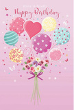 A whimsical birthday moment is captured on a pale pink canvas that feels as soft as the sky over Dagenham on a clear spring morning. At the centre, a bouquet of pastel balloons rises as though it has just been released from a small party gathering near Old Dagenham Park. The balloons come in soothing tones of blush, mint, lemon, and lilac, each decorated with its own charming pattern-swirling stripes like curling ribbons, scattered candy-bright polka dots, and delicate floral motifs. A single heart-shaped balloon glows near the middle, radiating warmth and affection. Light plays gently across their surfaces, giving them a subtle sheen that suggests smooth, slightly reflective material. Tied to the base of this cluster is a dainty bouquet of fresh flowers, rendered as if it has just been arranged in a local Dagenham florist shop. Creamy ivory roses, blush-pink blooms, and soft mauve anemone-like flowers gather closely together, petals overlapping in feathery layers that invite the imagination to feel their silky touch. Their colours echo the balloons above, creating a sense of harmony from top to bottom. The stems are neatly bound with a violet satin bow, its rich tone and glossy texture adding a finishing detail that feels both festive and refined. Around the arrangement, tiny star shapes and butterfly silhouettes seem to float in the air, evoking a fairy-tale atmosphere, like wishes whispered over a birthday cake. The whole composition feels light, joyful, and lovingly crafted-a visual expression of a birthday meant to feel special from first glance to final memory.