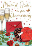 This anniversary card illustration captures a tender celebration for Mum and Dad, arranged like a romantic table setting you might find in a welcoming Dagenham home after a special dinner. At the back of the composition, two tall champagne flutes stand in close harmony, filled with pale gold fizz that seems to shimmer as tiny bubbles gather and rise, ready for an affectionate toast between long-married partners. In the foreground, a red heart-shaped box of chocolates lies opened invitingly, its inner tray lined with carefully placed truffles, each with a smooth, glossy finish that suggests rich, melt-in-the-mouth centres. The lid, dressed with a lavish scarlet bow in soft satin, curves gracefully over the edge of the box, echoing the romantic red tones repeated across the artwork. Just beside it, two deep red roses stretch across the tabletop, their velvety petals layered in tightly curled whorls, complemented by bright green leaves that look as though they have just been trimmed from a fresh stem arrangement, the kind regularly prepared for anniversary deliveries around Dagenham, from Becontree Heath to the streets near Eastbrookend. A bold red envelope is tucked into the scene, sealed and ready to reveal loving words written by children grateful for their parents' years together. Scattered across the background are shimmering gold accents and small red hearts that drift around the gently scripted Mum & Dad, giving the card a playful yet heartfelt tone. The whole image suggests soft lighting, shared laughter, and that familiar mix of roses, chocolate, and warmth that turns an ordinary evening into an anniversary worth savouring.